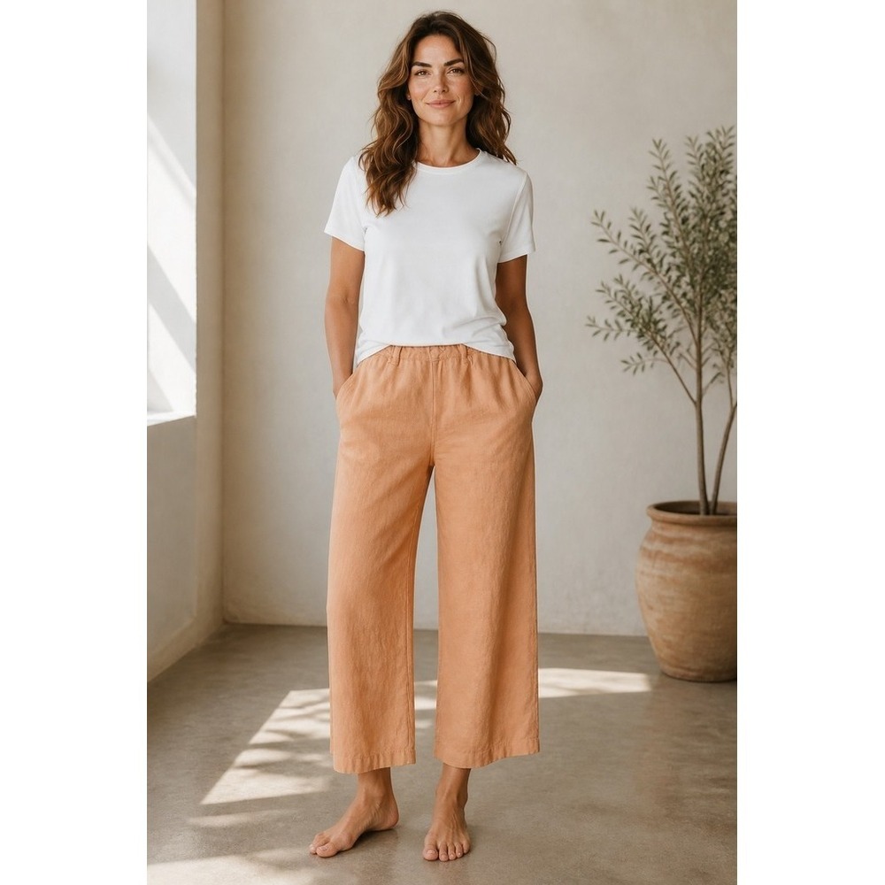 J. Jill Pants linen Womens Large Tan Wide-Leg Pull-On Elastic Waist Pockets boho